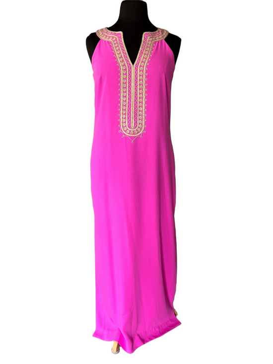 Lilly Pulitzer Dresses & Skirts - Lilly Pulitzer Pink Maxi Sandrah Dress Gold Embroidered Sleeveless Resort Sz 12